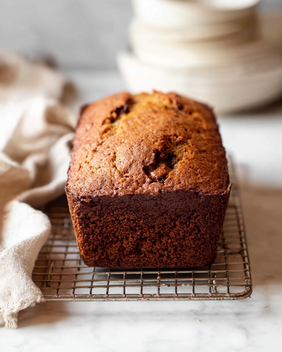A close-up view of a single loaf cake with a rich brown, slightly uneven textured top showing cracks and baked spots, sitting upright on a small metal cooling rack with a grid pattern. The cake has a dense darker brown base visible on its sides and contrasts slightly with the lighter cracked crust on top. The setting features a white marbled surface beneath the cooling rack, and in the blurred background, there is a soft neutral-colored cloth and stacked white bowls, adding to the cozy presentation. photo taken with an iphone --ar 4:5 --v 7