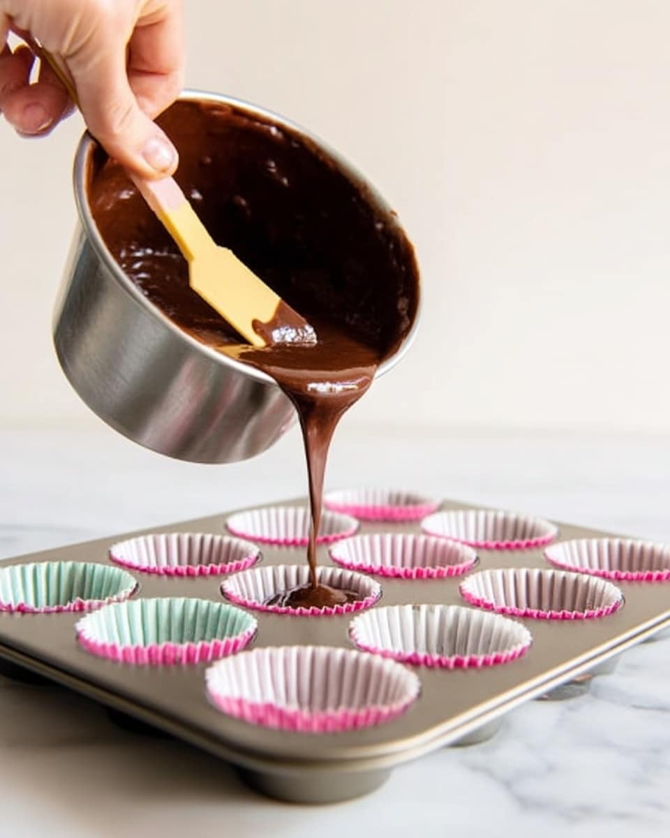 A woman's hand is holding a metal bowl tilted over a cupcake tray. Chocolate batter with a smooth, shiny texture is being poured from a spatula into white cupcake liners with pink edges. The tray holds twelve liners arranged in rows, placed on a white marbled surface. The lighting is bright and soft, highlighting the glossy chocolate batter and the metallic shine of the bowl. Photo taken with an iphone --ar 4:5 --v 7