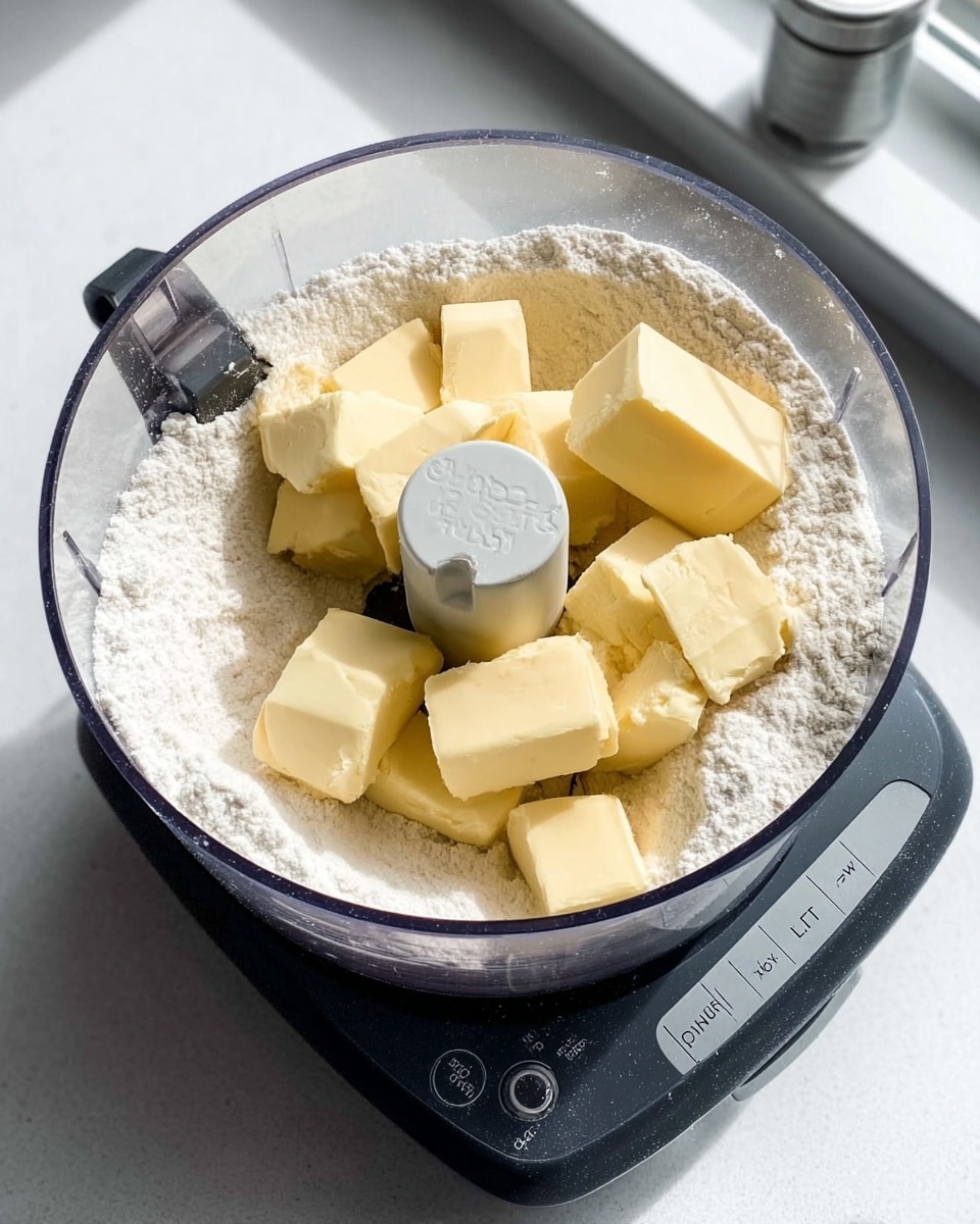 A clear food processor bowl filled with white flour at the bottom, topped with several unevenly sized chunks of pale yellow butter, all sitting on a kitchen countertop with a white marbled texture. The food processor base is black with a dial showing settings labeled Off, Low, High, and Pulse, and a window sill with a small container in the background. The butter pieces have a smooth texture and scattered positioning around the central plastic mixing blade holder. Photo taken with an iphone --ar 4:5 --v 7