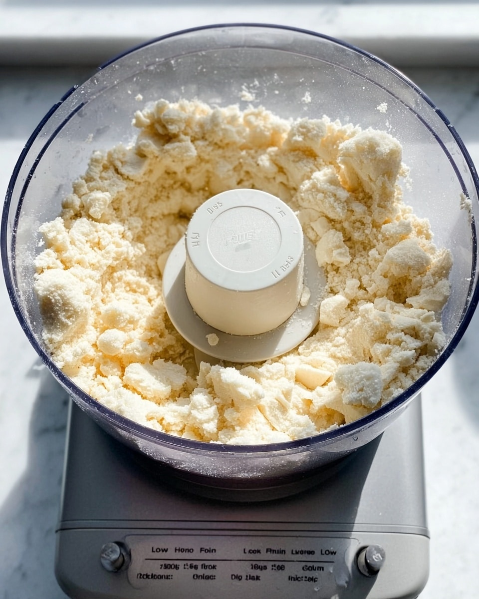 A close-up view inside a clear plastic food processor bowl filled with crumbly, pale yellow dough pieces that form an uneven, rough layer with small, irregular chunks scattered throughout. The white plastic blade assembly is centered in the middle, partially buried in the dough. The food processor is placed on a white marbled counter, visible around the base. The control panel below shows buttons with settings
