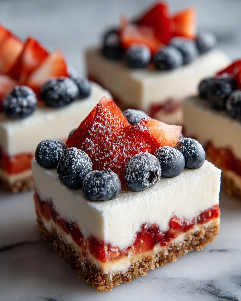 The image shows several square dessert pieces with four clear layers. The bottom layer is a crumbly brown crust that looks crunchy. Above that is a thick white creamy layer, followed by a thin layer of chopped red strawberries that peek through the cream. On top is another thick white cream layer, decorated with whole blueberries and sliced strawberries dusted lightly with powdered sugar. The dessert pieces sit on a white marbled surface. Photo taken with an iphone --ar 4:5 --v 7