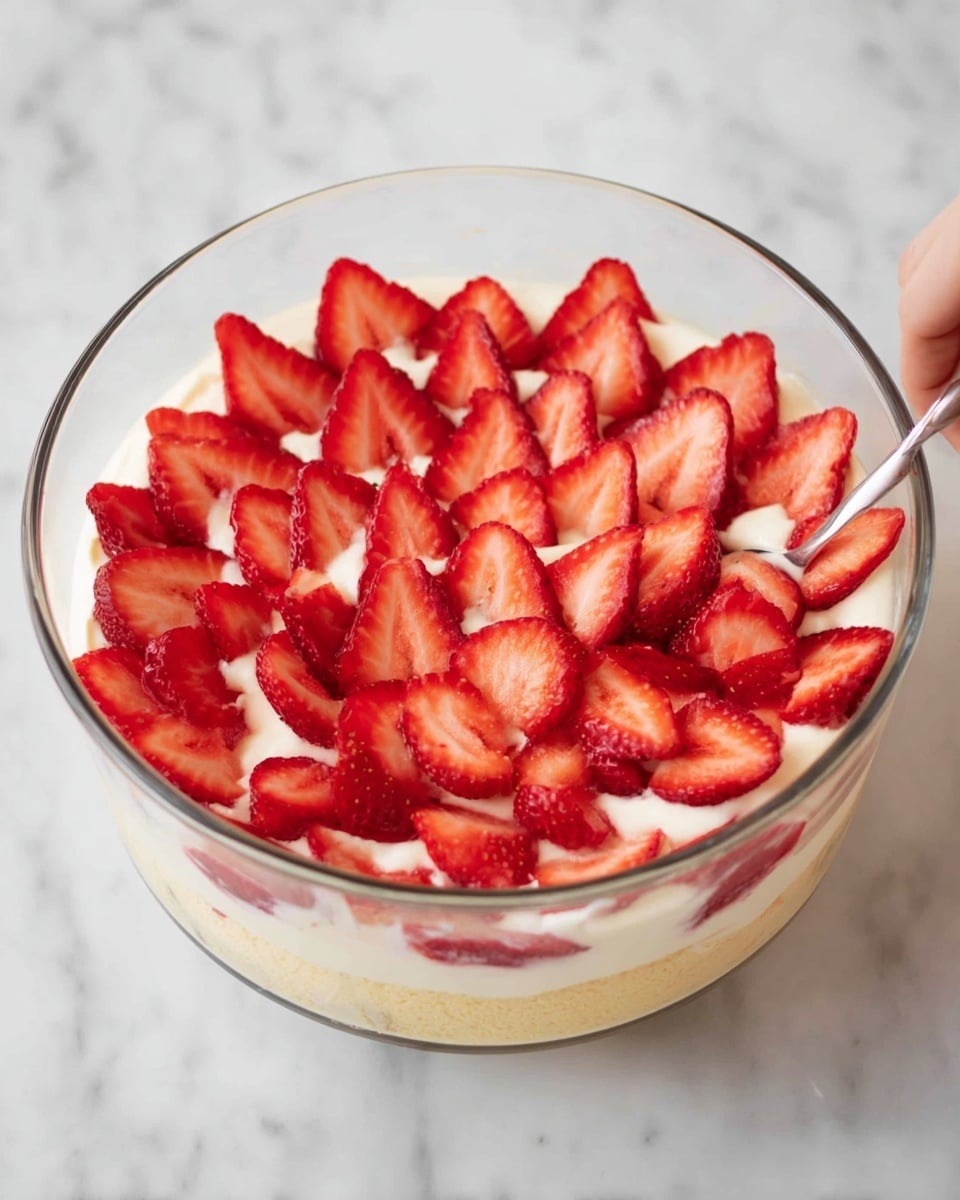 A clear glass bowl filled with three layers: the bottom layer is white cream, smooth and thick; the middle layer is soft sponge cake, pale yellow and slightly moist; on top of the cake, there is another layer of white cream spread evenly; the top layer is covered with many thin red strawberry slices arranged neatly, showing their bright red color and seeds clearly. A woman's hand is holding a spoon inside the bowl. The bowl sits on a white marbled surface. photo taken with an iphone --ar 4:5 --v 7