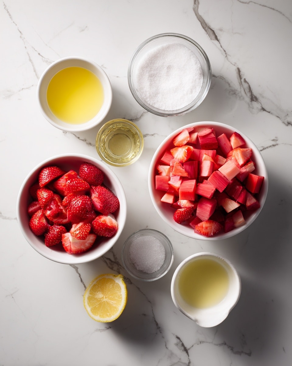 Top-down professional food photography flat lay style, bright white marble countertop, neatly arranged evenly spaced tidy clean organized layout, include: bowl of chopped strawberries, bowl of chopped rhubarb, small bowl of sugar, small glass cup of lemon juice, small bowl of salt, bright soft natural lighting sharp focus high detail textures realistic reflections professional DSLR look 4K, no finished dish no cooked food no hands no text no watermark no brand logos --ar 4:5 --v 7