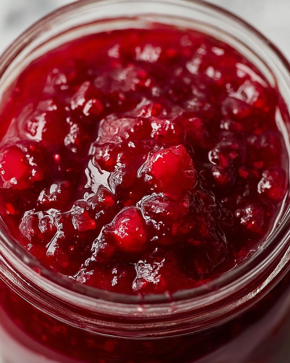A close-up view of a jar filled with thick, bright red cranberry sauce, showing shiny, slightly chunky textures with visible whole and crushed cranberries suspended in a glossy, jelly-like liquid. The top layer is a mix of smooth and uneven red pieces, creating a rich and vibrant surface inside the clear glass jar. The background is a white marbled texture. Photo taken with an iphone --ar 4:5 --v 7
