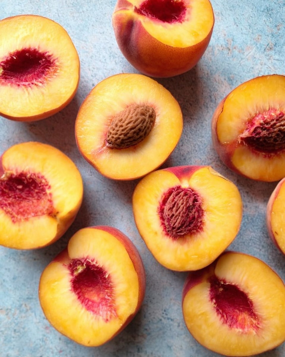 The image shows nine peach halves laid out on a blueish textured surface. Each peach half has a bright yellow-orange flesh with reddish areas around the large brown stone in the center. The peaches are positioned close to each other in a scattered, slightly irregular pattern. The skin of the peaches is a mix of soft orange and red hues with a smooth texture. The background is a blueish rough surface but should be changed to a white marbled texture. photo taken with an iphone --ar 4:5 --v 7
