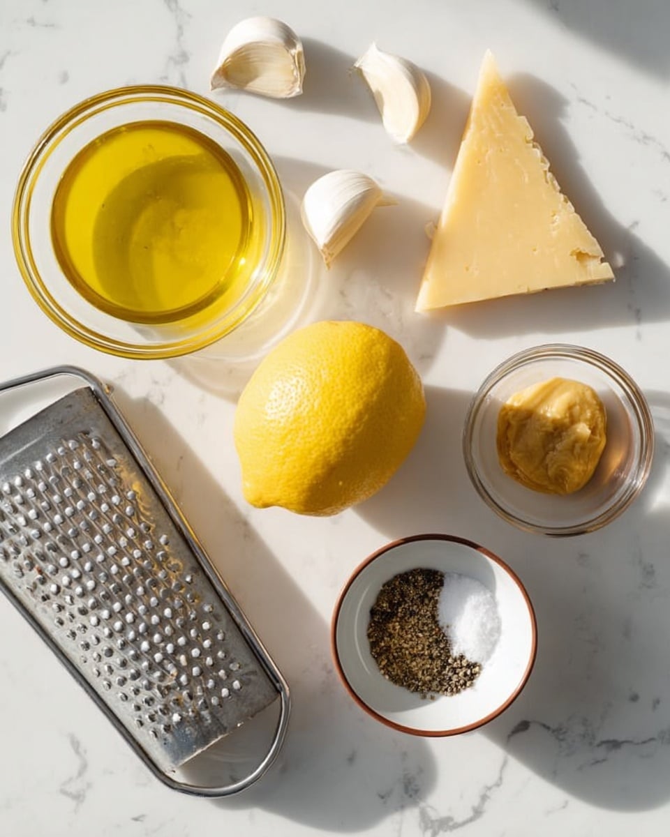The image shows a white marbled surface with several ingredients arranged on it. In the bottom left corner, there is a metal grater leaning diagonally, holding a triangular piece of pale yellow cheese. Above it, four garlic cloves are spread out in a loose cluster. Toward the center, a whole bright yellow lemon sits next to a small clear glass bowl filled with golden yellow olive oil on the left, and another small clear bowl with a brown liquid on the right. In the top right corner, a small clear bowl contains a dollop of beige mustard. Below it, a small white bowl with a brown rim holds coarse white salt and ground black pepper, divided in half. The lighting is bright and natural, creating soft shadows. The photo taken with an iphone --ar 4:5 --v 7