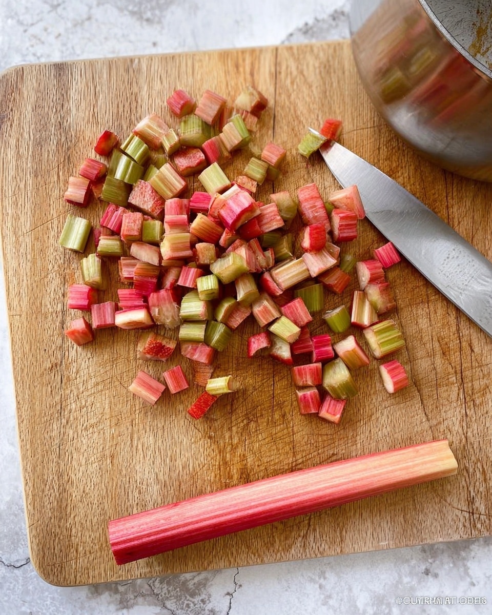 A wooden cutting board with small, chopped pieces of rhubarb scattered mostly on the left side, showing pinkish-red and green hues with a natural, slightly rough texture. One long piece of rhubarb lies horizontally near the bottom center of the board. To the right side of the board, there is a silver knife with a sharp blade resting on the surface. The background features a white marbled texture with a shiny metallic pot's edge visible on the top right corner. Photo taken with an iphone --ar 4:5 --v 7
