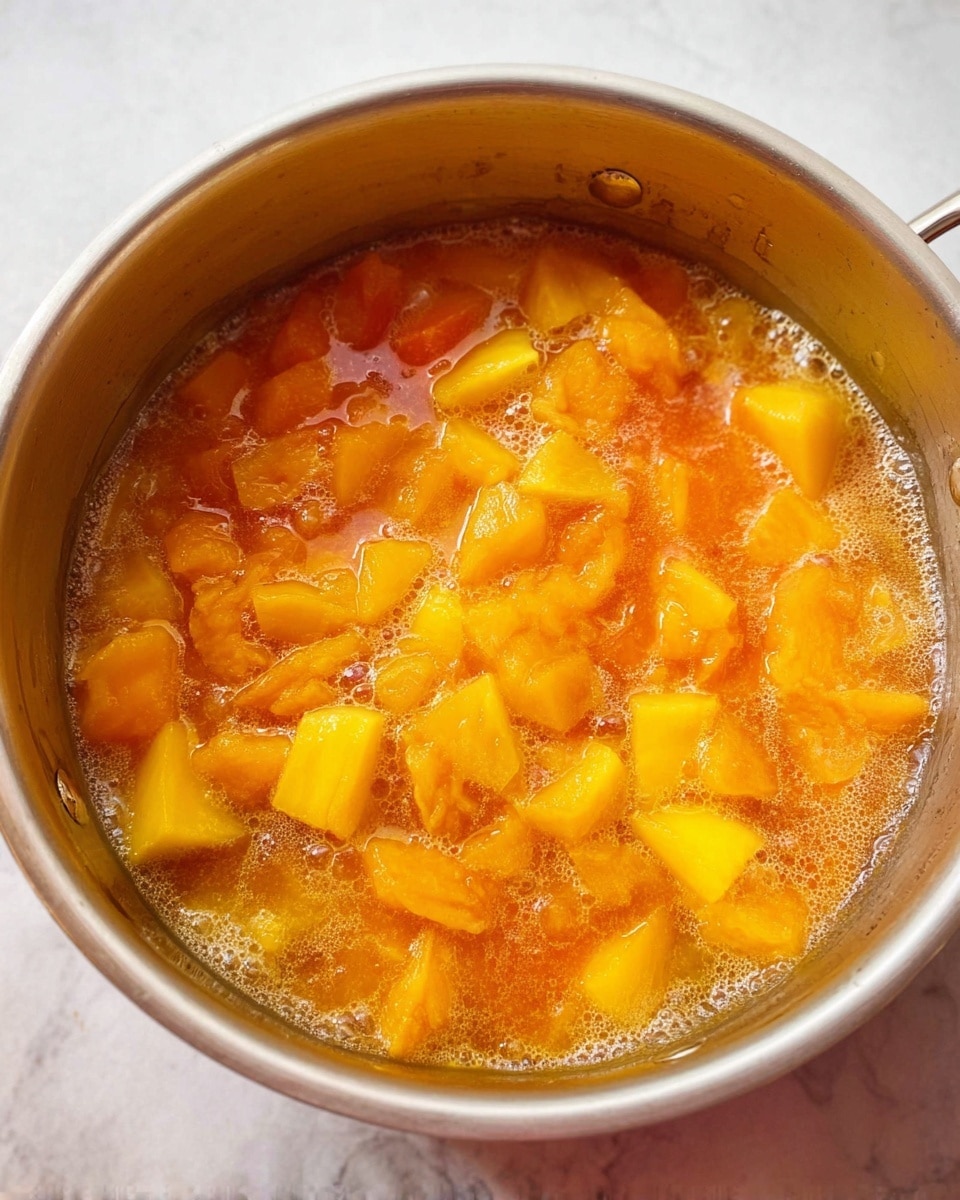 The image shows a metal pot filled with chunky pieces of soft, orange and yellow fruit mixed in a bubbling, light orange liquid. The fruit bits are irregular in shape and are evenly spread throughout the pot, with some pieces partially immersed in the juicy, slightly frothy sauce. The pot sits on a white marbled surface, and the bright colors of the fruit contrast with the silver metal of the pot. photo taken with an iphone --ar 4:5 --v 7