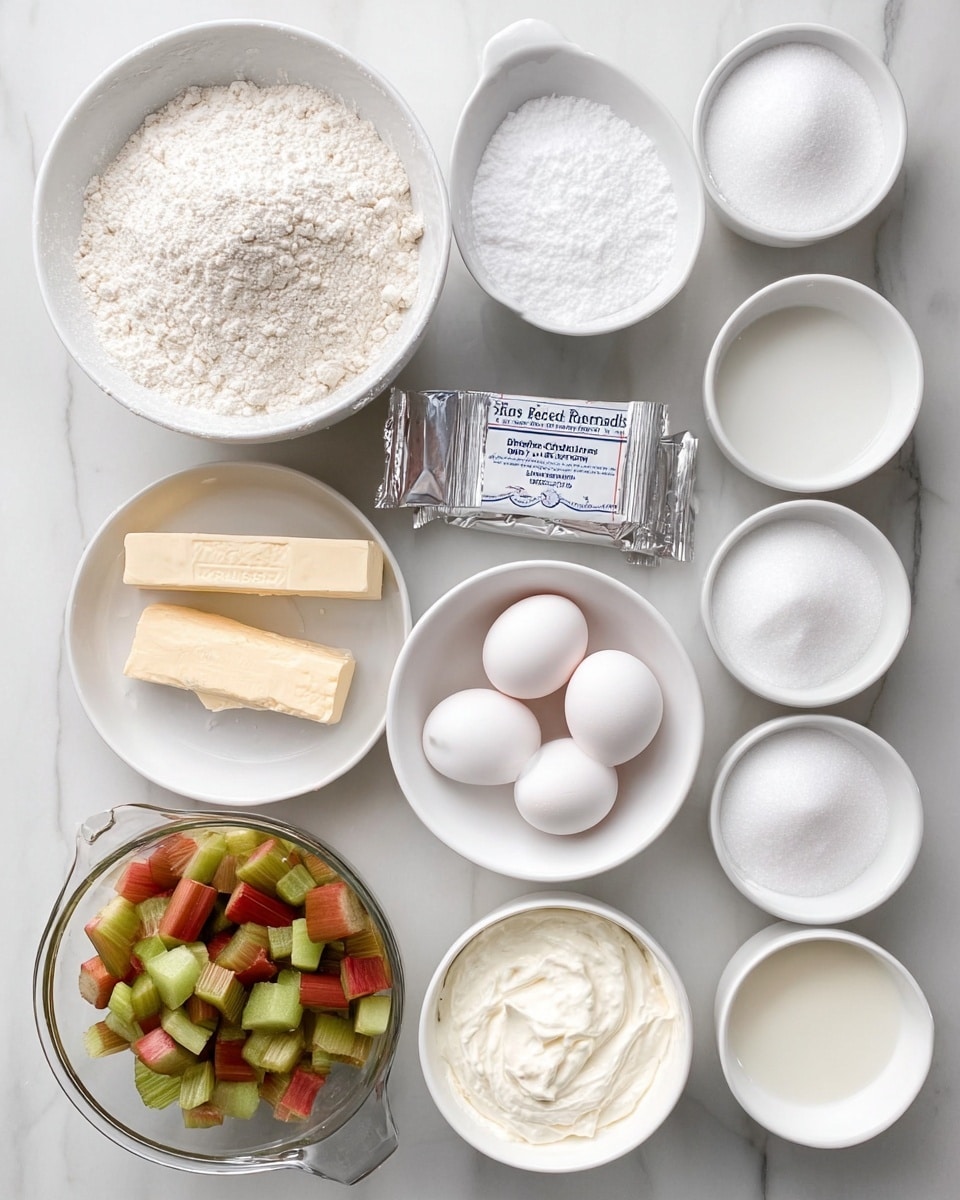 The image shows an overhead view of baking ingredients neatly placed on a white marbled surface. There is a white bowl filled with flour in the top left and another white bowl filled with sugar next to it on the right. Below the flour, there are two sticks of salted sweet cream butter lying side by side with their wrappers partially open. Near the butter is a small silver wrapped packet marked