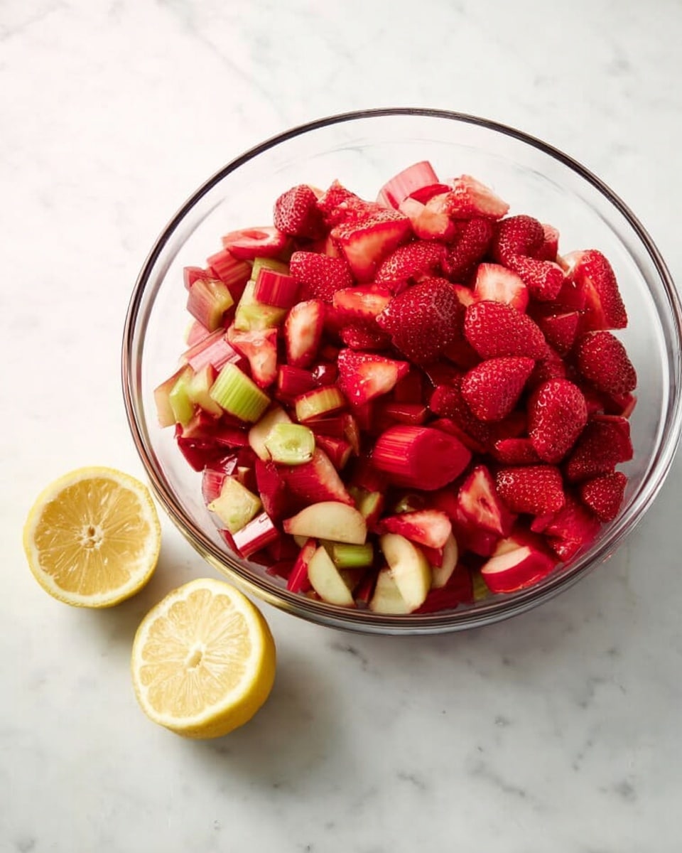 A clear glass bowl filled with two layers of fruit: the bottom layer shows slices of reddish-green rhubarb, while the top layer is piled high with bright red, halved strawberries. Next to the bowl, there are two lemon halves with pale yellow insides placed on a white marbled surface. The scene is simple and bright with natural light. Photo taken with an iphone --ar 4:5 --v 7