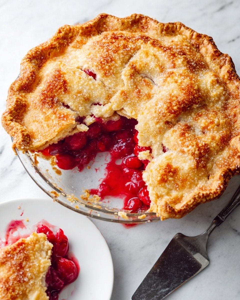 A large round pie with a golden-brown crust that looks crispy and textured, with sugar sprinkled on top. One slice has been taken out, showing bright red, juicy filling inside. The pie is in a clear glass pie dish on a white marbled surface. Next to it, a white plate holds the slice, with deep red filling spilling out. A metal pie server with a black handle rests on the surface near the plate. photo taken with an iphone --ar 4:5 --v 7