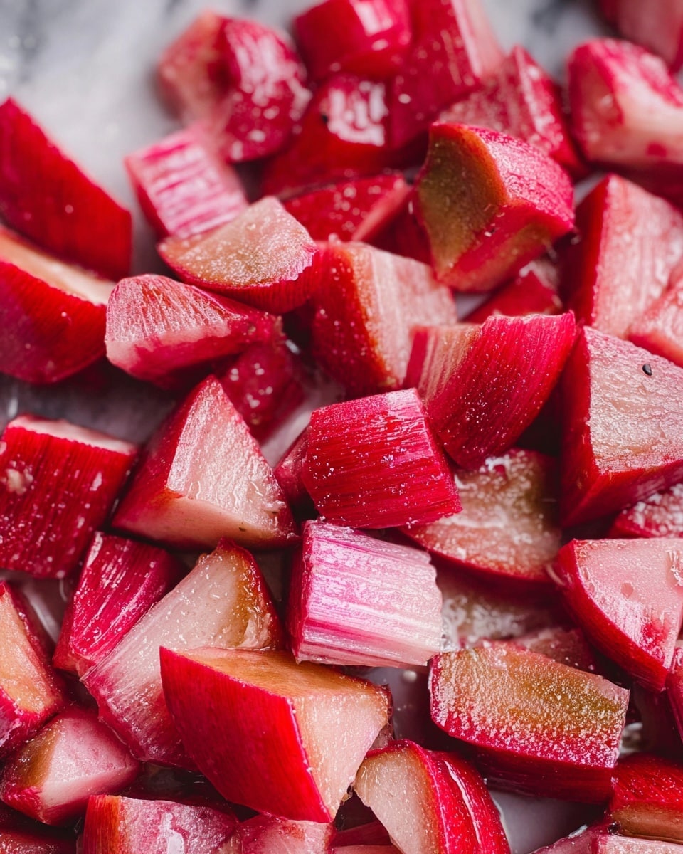 The image shows many small pieces of rhubarb, each cut into bite-sized chunks. The rhubarb pieces have bright ruby red skins with some light pink and pale green on the inside. They look fresh and a bit shiny, as if they have a light coating of water or juice on them. The pieces are close together, filling the whole frame, with sharp edges and rough textures visible on the skin and inside. The background is a close-up view with a white marbled texture barely seen behind the rhubarb. photo taken with an iphone --ar 4:5 --v 7