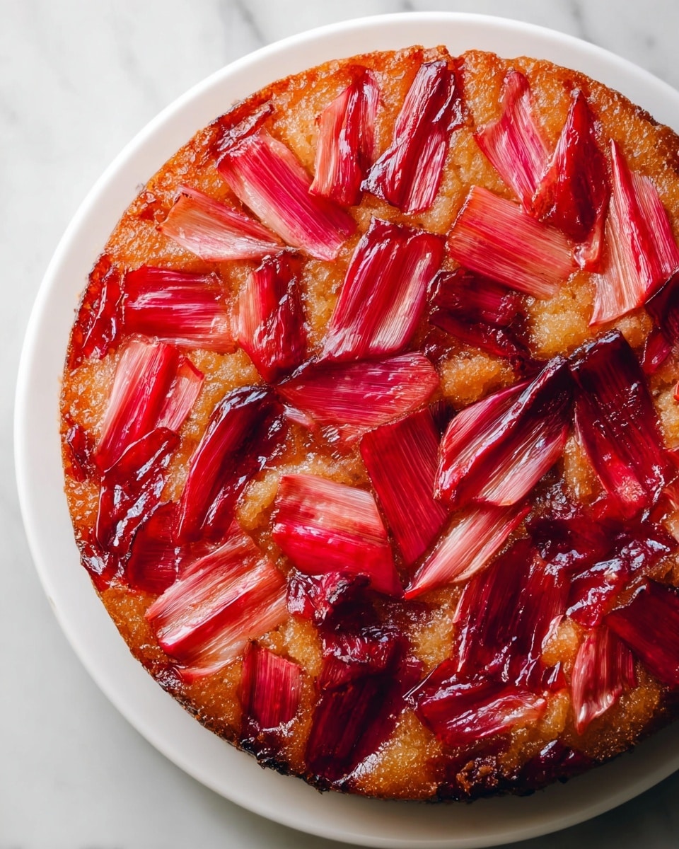 A round upside-down cake placed on a white plate, with a single layer topped with glossy, red and pink rhubarb pieces arranged in a diagonal, geometric pattern. The rhubarb has a shiny caramelized texture, slightly translucent with a mix of deep red and soft pink colors. The cake base beneath is golden brown, moist, and slightly lumpy, showing its baked texture around the edges. The white plate contrasts with the vibrant fruit topping, all set against a white marbled surface. photo taken with an iphone --ar 4:5 --v 7