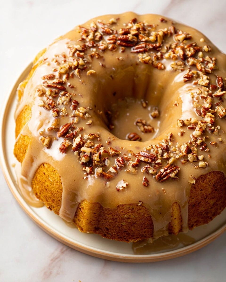 A round bundt cake with a smooth light brown glaze covering the entire top and sides, slightly shiny and thick, with chopped pecans scattered evenly on top creating a textured look. The cake itself is a warm golden brown, visible beneath the glaze. It sits on a simple white plate with a slightly raised edge, all placed on a white marbled surface. Photo taken with an iphone --ar 4:5 --v 7