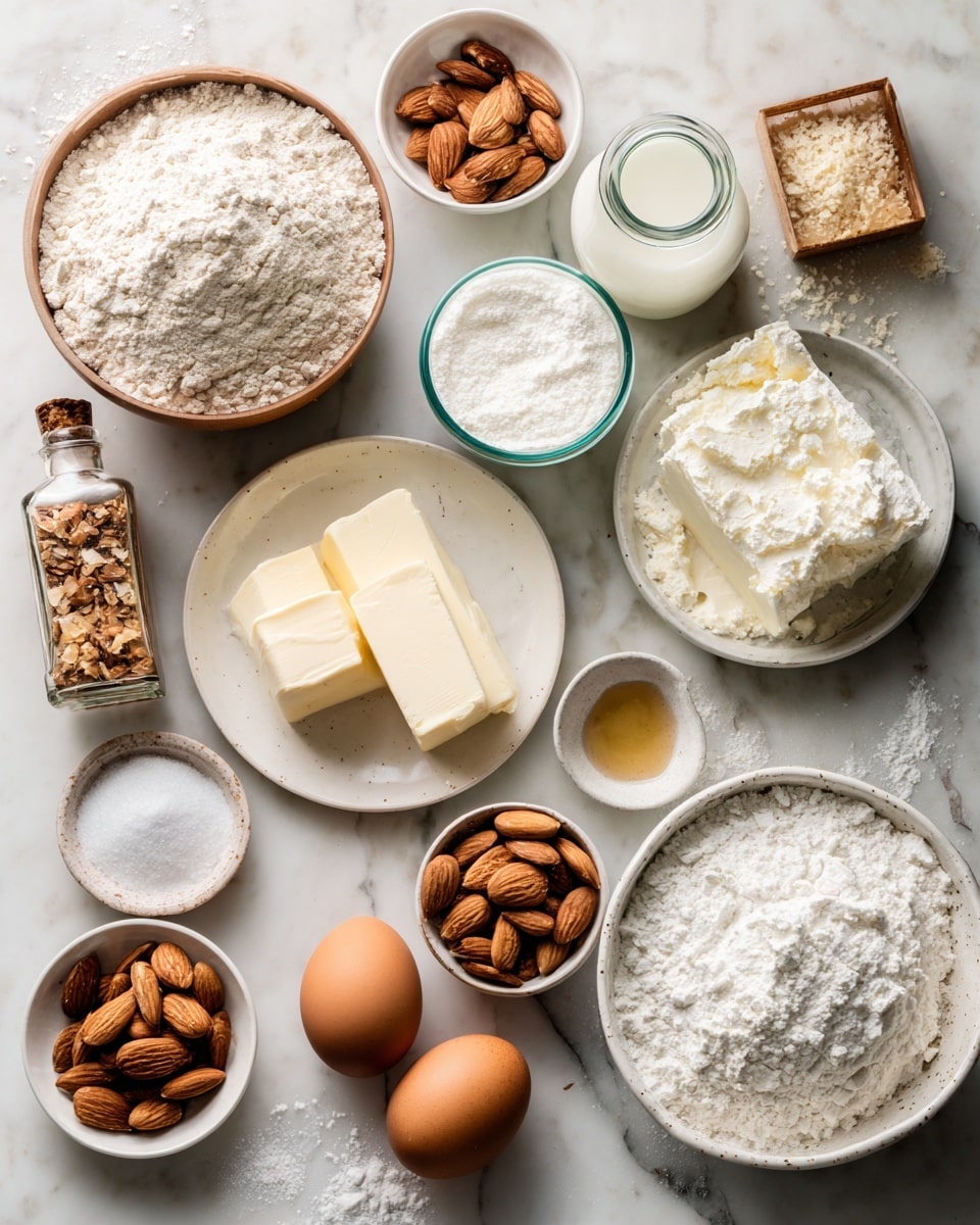 Top-down professional food photography, flat lay style, bright white marble countertop, neatly arranged, evenly spaced, tidy, clean organized layout, include: bowl of all-purpose flour, small bowl of baking powder, small bowl of salt, small plate with softened unsalted butter, small bowl of granulated sugar, medium bowl of whole milk ricotta cheese, small plate with two large eggs, small bottle of almond flavoring, small bowl of finely chopped almonds, small bowl of sliced almonds, small bowl of powdered sugar, small plate with softened butter, bright soft natural lighting, sharp focus, high detail textures, realistic reflections, professional DSLR look, 4K, no finished dish, no cooked food, no hands, no text, no watermark, no brand logos --ar 4:5 --v 7