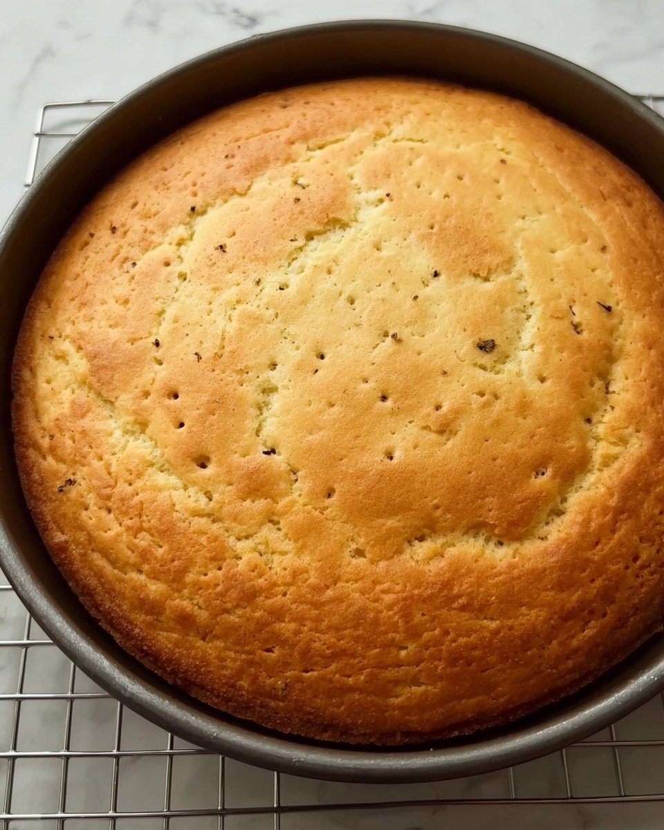 A round, golden-brown baked cornbread sits in a dark metal round pan. The top surface is slightly uneven with small air holes and browned spots, showing a light crust with a soft texture underneath. The edges are a bit darker and crispier than the center, which has a few tiny cracks. The pan rests on a cooling rack over a white marbled surface. photo taken with an iphone --ar 4:5 --v 7