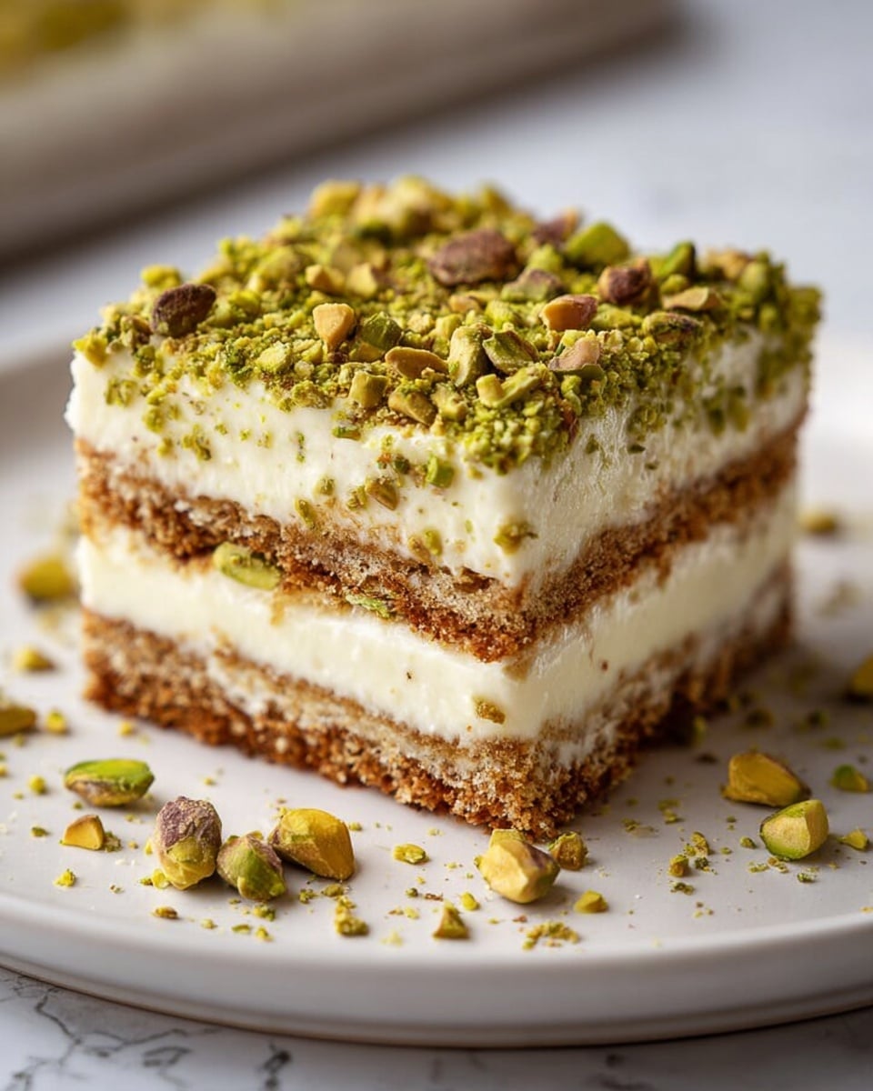 A square piece of dessert sits on a white plate with a white marbled background. The dessert has five visible layers: the bottom layer is a crumbly brown base, above it is a thick creamy white layer, followed by a thinner crunchy brown layer, then another thick creamy white layer, and finally the top layer is covered with crushed green pistachios scattered evenly. Some pistachio pieces are also sprinkled around the dessert on the plate. photo taken with an iphone --ar 4:5 --v 7