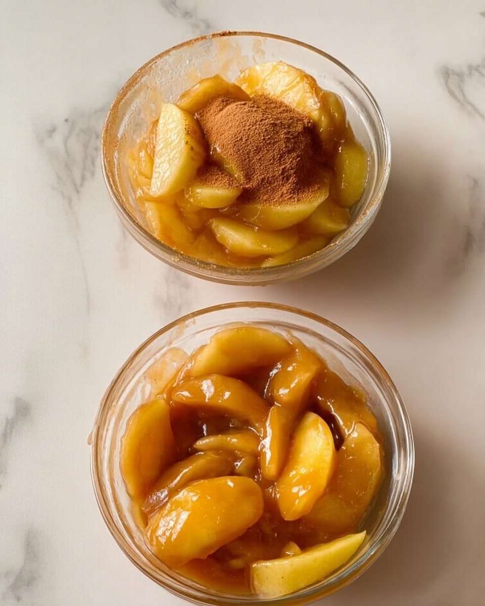 The image shows two clear glass bowls on a white marbled surface, each filled with sliced apple pieces coated in a thick, shiny caramel-like sauce. The bowl on the left has a generous pile of light amber apple slices covered in syrup, topped with a small mound of brown cinnamon powder. The bowl on the right is filled with similar apple slices fully mixed in the same glossy caramel sauce without any cinnamon on top. The textures range from soft, smooth syrup to slightly firm apple slices, and the overall color palette is warm amber and golden brown. photo taken with an iphone --ar 4:5 --v 7