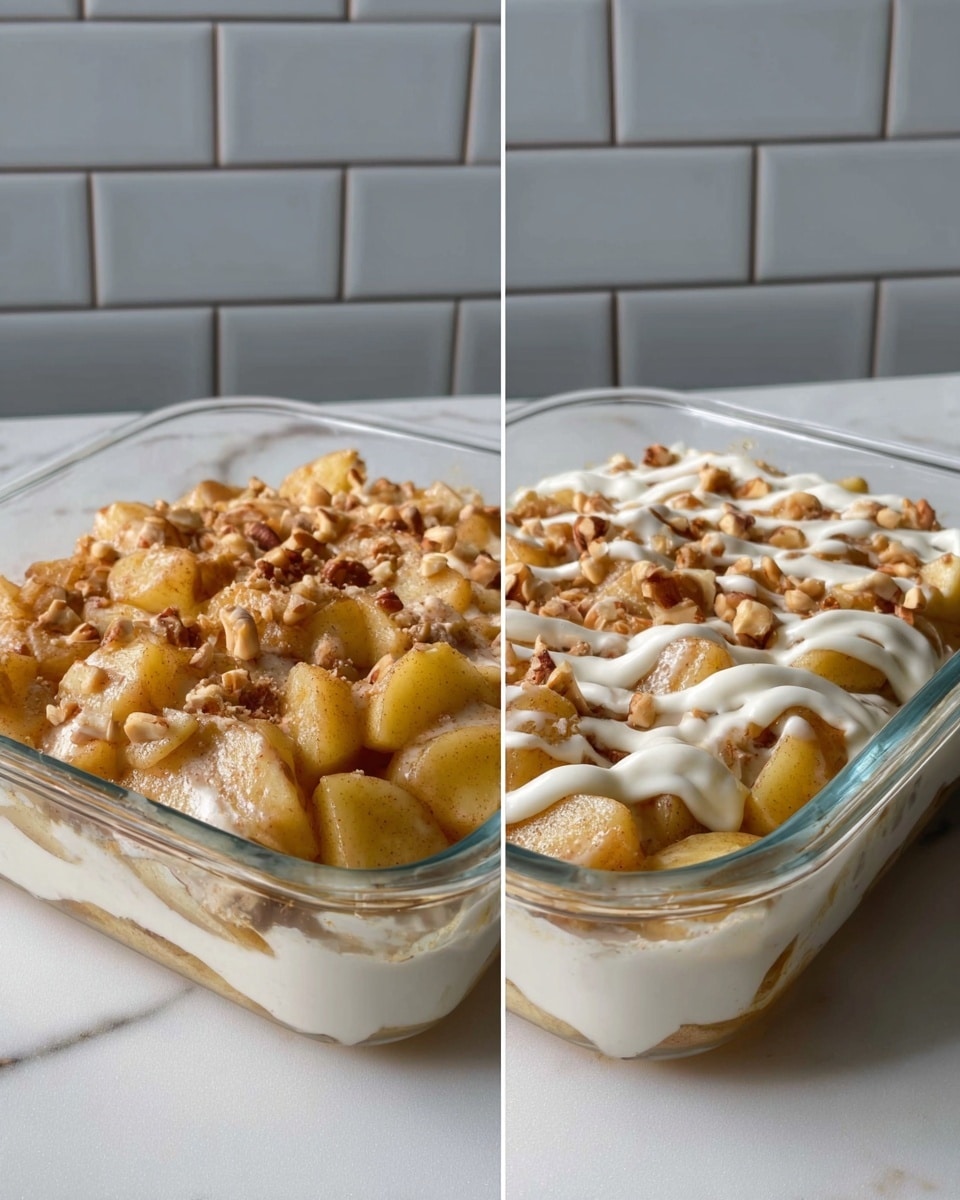 A clear glass dish filled with a layered dessert, starting with a base layer of soft, cooked apple slices that are golden yellow and tender, topped with chopped nuts that are light brown and scattered evenly over the apples. On the right side, a creamy white sauce is drizzled in a wavy pattern over the top of the apples and nuts, adding a smooth texture to the dessert. The dish is placed on a white marbled surface with a light gray brick wall in the background. Photo taken with an iphone --ar 4:5 --v 7