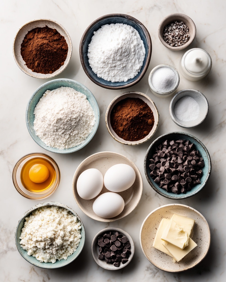 Top-down professional food photography, flat lay style, bright white marble countertop, neatly arranged, evenly spaced, tidy, clean organized layout. Include: bowl of all-purpose flour, small bowl of baking soda, small bowl of salt, bowl of granulated sugar, bowl of baking cocoa, small bowl of instant coffee granules, glass measuring cup of sour cream, small plate with two eggs, small plate of melted butter, bowl of white chocolate peppermint baking chips, bowl of chocolate chips, small bowl of crushed peppermint. Bright soft natural lighting, sharp focus, high detail textures, realistic reflections, professional DSLR look, 4K. No finished dish, no cooked food, no hands, no text, no watermark, no brand logos --ar 4:5 --v 7