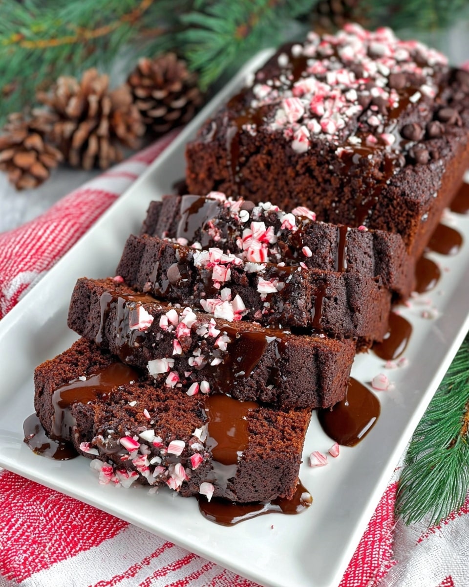 A chocolate loaf cake is sliced into five thick pieces, arranged on a white rectangular plate. The dark brown cake has a moist and dense texture with semi-sweet chocolate chips inside and on top. It is drizzled with smooth, glossy chocolate sauce that pools slightly on the white plate. Crushed peppermint candy pieces in white and red are sprinkled generously over the cake and sauce, adding a festive touch. The plate sits on a red and white striped cloth with green pine branches and brown pinecones in the blurred background, creating a holiday feel. photo taken with an iphone --ar 4:5 --v 7