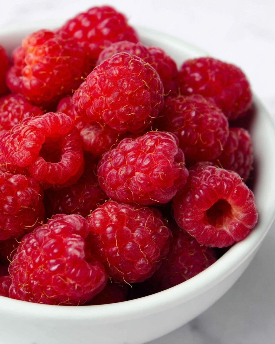 A close-up view of many bright red raspberries filling a white bowl. The raspberries show their bumpy texture with tiny hairs and noticeable round shapes. The bowl holds the fruit close together, with some raspberries leaning on others. The background is a smooth white marbled texture, making the red color of the raspberries stand out sharply. Photo taken with an iphone --ar 4:5 --v 7