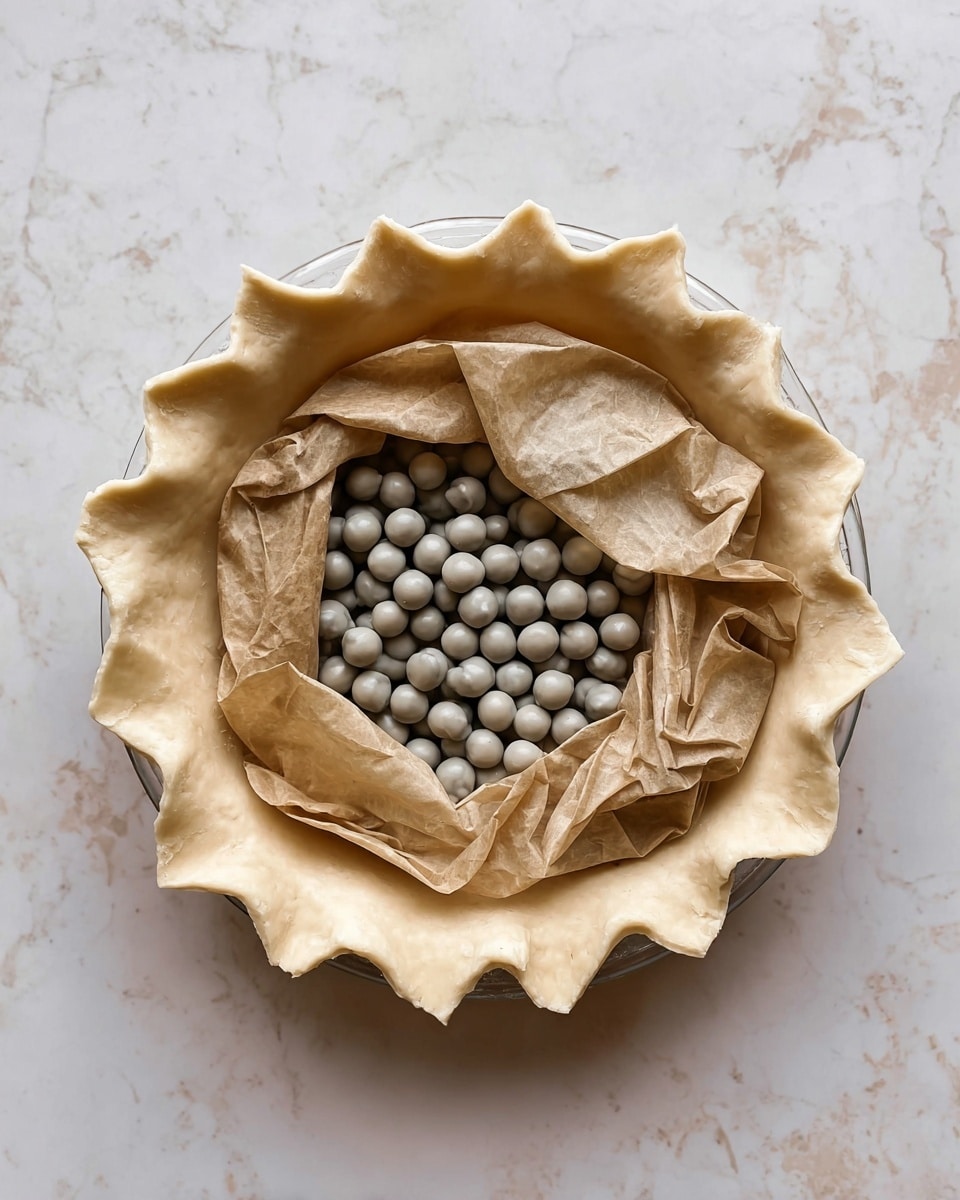 A pie shell with a pale, smooth dough edge that is crimped in a wavy pattern, inside a clear pie dish. The pie is filled with light brown, crumpled parchment paper covering a layer of small, round, gray ceramic baking beads that take up the center space. The background is a white marbled texture. photo taken with an iphone --ar 4:5 --v 7