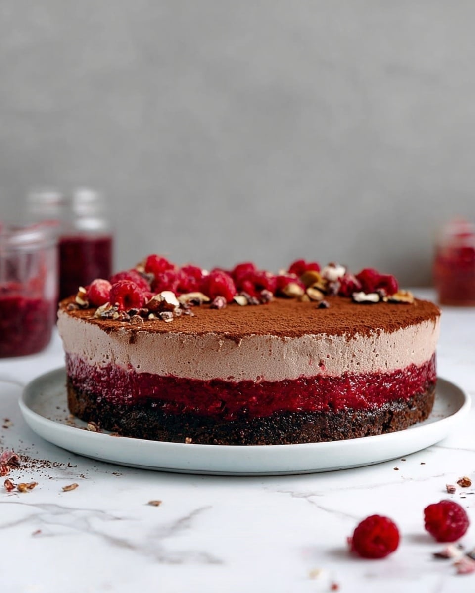 A three-layer round cake is placed on a white plate on a white marbled surface. The bottom layer is dark, dense, and crumbly like a chocolate crust. The middle layer is bright red with a smooth, slightly shiny texture, resembling a berry jam or jelly. The top layer is thick, light brown, and fluffy, covered with a fine dusting of cocoa powder. On the top, there are scattered whole raspberries and small pieces of nuts and chocolate. In the background, there are small jars with red contents, slightly out of focus. Photo taken with an iphone --ar 4:5 --v 7