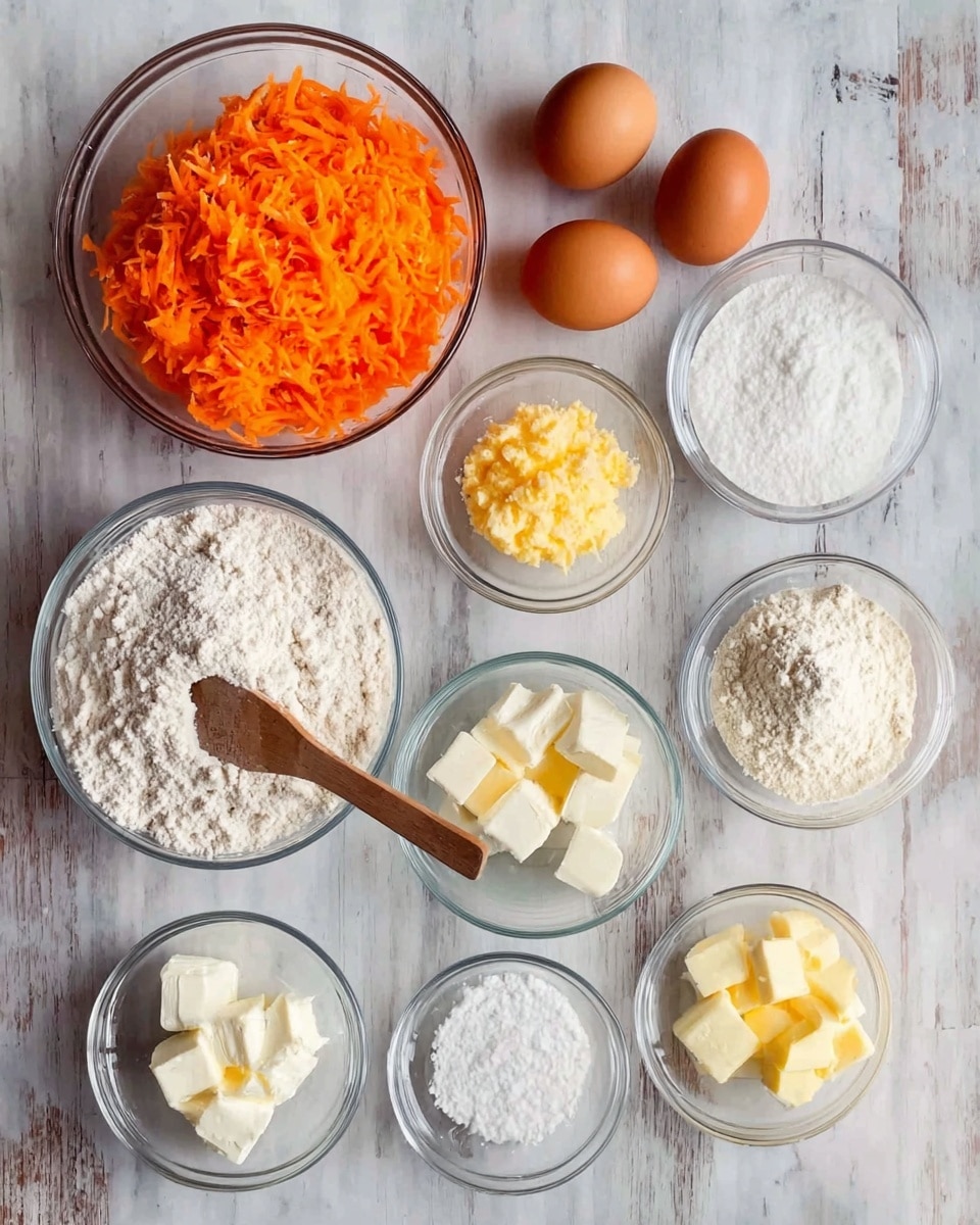 The image shows various ingredients placed neatly in clear glass bowls and small glass dishes on a white marbled surface. There is one large bowl filled with shredded orange carrots on the top left. Two brown eggs are in small round clear glass dishes near the center top. To the right of the eggs, there are two bowls, one with a white powdery ingredient and another larger bowl with flour and a wooden spoon inside. Below the carrot bowl is a larger bowl filled with flour. Next to it, multiple bowls hold cubes of butter, white granulated sugar, white cream cheese, a small portion of butter, and what looks like sour cream or yogurt. All the bowls are arranged methodically in rows creating a neat layout. photo taken with an iphone --ar 4:5 --v 7