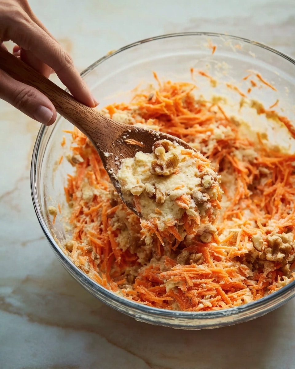A clear glass bowl sits on a white marbled surface, filled with a mixture that has three visible layers: finely shredded orange carrots, small clumps of creamy beige batter, and coarse pieces of light brown nuts. A woman's hand holds a wooden spoon, stirring the mix with a texture that looks soft but chunky. The spoon catches a portion of the mixture showing the blend of all parts with the carrot strands and nut pieces spread throughout the light batter. Photo taken with an iphone --ar 4:5 --v 7