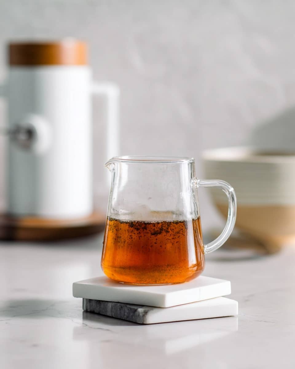 A clear glass pitcher with a handle is shown, filled about halfway with a warm amber-brown liquid that has tiny dark particles suspended in it. The pitcher sits on two stacked square marble coasters, one mostly white and the other white with a gray marbled corner, placed on a white marbled surface. In the blurred background, there is a tall white coffee maker with a wooden knob and a white bowl with a beige bottom. The scene is softly lit for a calm, clean look. photo taken with an iphone --ar 4:5 --v 7