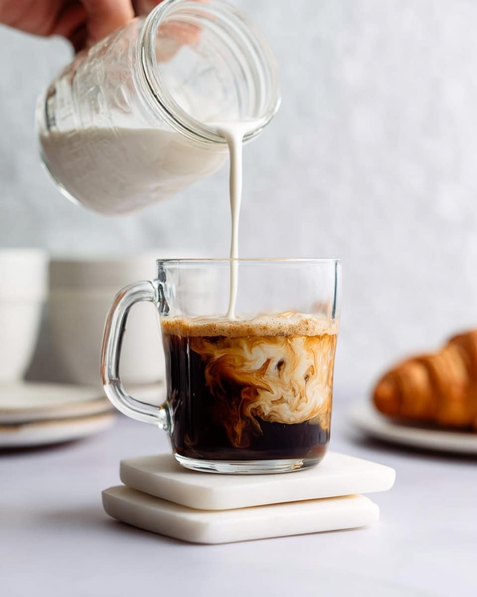 A clear glass mug filled halfway with dark brown coffee has a thick white cream being poured from a clear mason jar into it, creating swirling patterns where the cream mixes with the coffee. The mug sits on two stacked white marble coasters on a white marbled surface. In the background, there is a blurred white textured wall and out-of-focus white dishware, along with a croissant on a white plate. A woman's hand is holding the mason jar as the cream flows into the mug. photo taken with an iphone --ar 4:5 --v 7