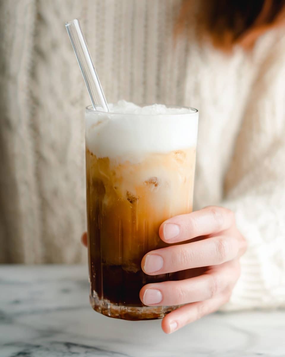 A clear glass filled with a three-layer iced coffee drink held by a woman’s hand. The bottom layer is dark brown coffee, the middle layer is a light brown milky coffee with visible ice cubes, and the top layer is thick, white frothy foam. A clear glass straw sticks out from the foam. The background is soft and unfocused with a white marbled texture below, and the person holding the glass wears a cream knitted sweater. photo taken with an iphone --ar 4:5 --v 7