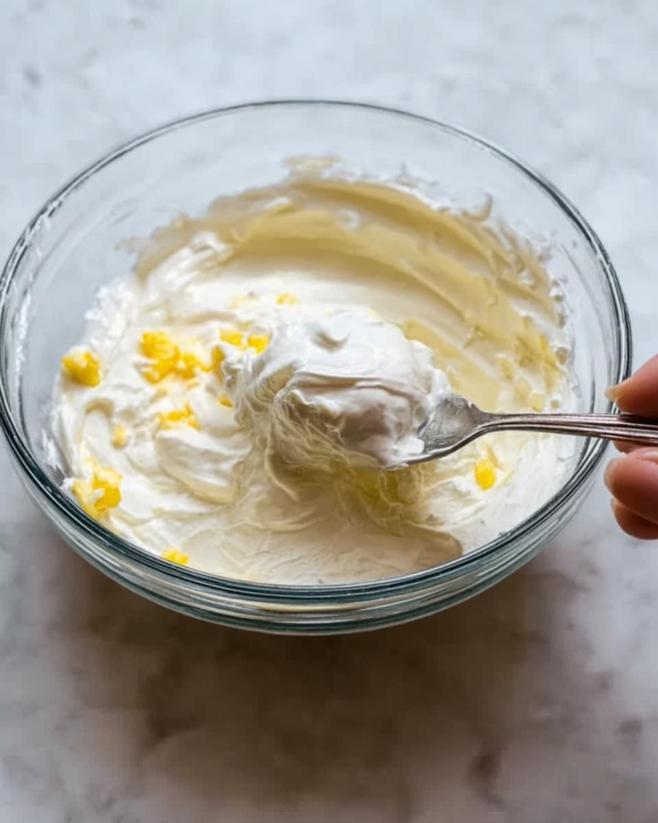 A clear glass bowl filled with a creamy white mixture sits on a white marbled surface. On top of the creamy base, there are small yellow pieces scattered around, adding color contrast. A silver spoon rests inside the bowl, with its tip dipped in the creamy mixture. A woman's hand is holding the spoon, lifting some of the cream from the bowl. The texture of the cream looks smooth and soft. photo taken with an iphone --ar 4:5 --v 7