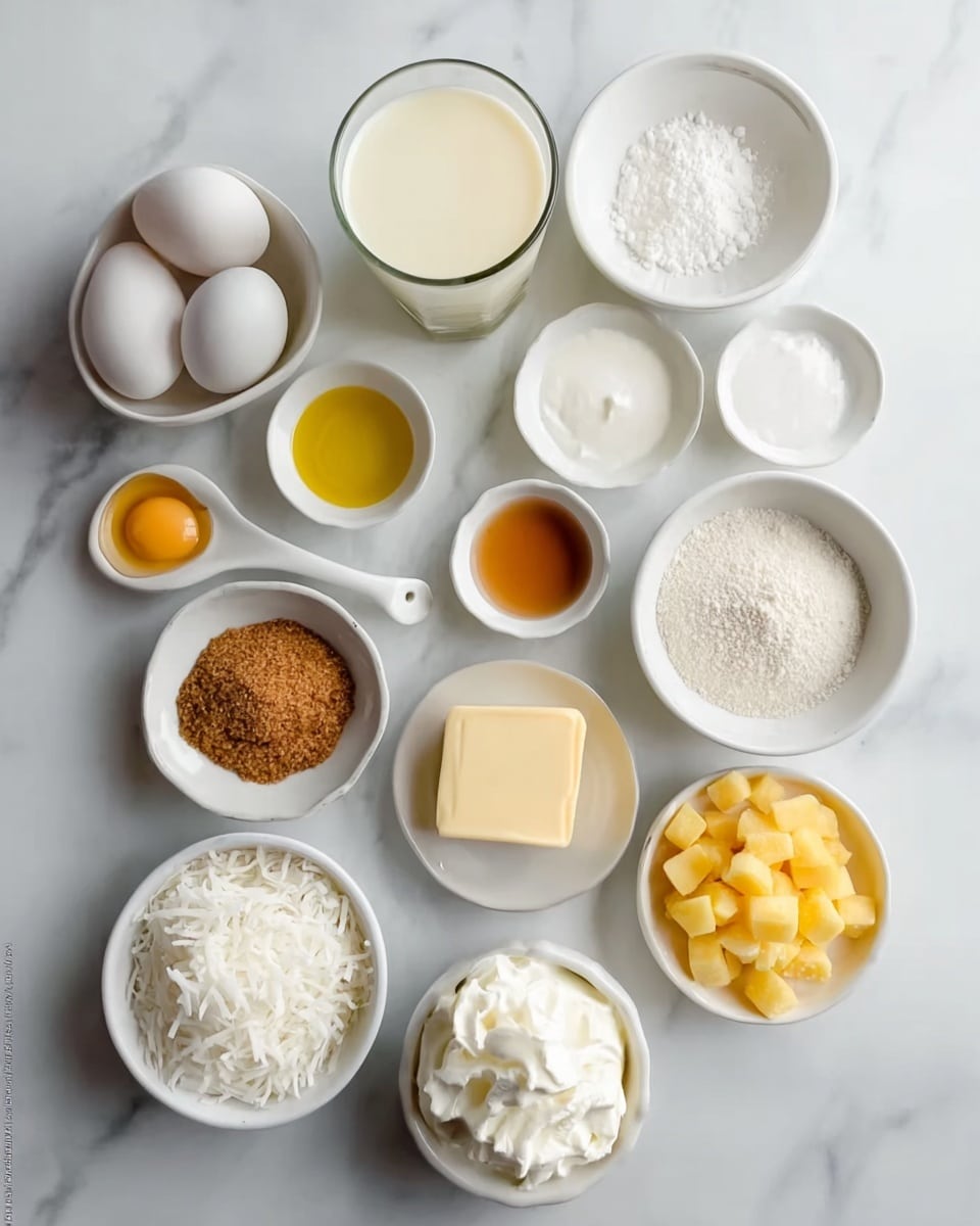 The image shows a top view of twelve white bowls and a tall glass arranged neatly on a white marbled surface. The tall glass in the center back holds a creamy white liquid. Around it are two white bowls with three white eggs and white powder, a small bowl with yellow oil, and another with white salt and a small white spoon. In the middle, there are small bowls with brown sugar, light brown liquid, and white cream. Below them, there is a bowl with a square piece of pale yellow butter, a bowl with shredded white coconut, another with white whipped cream, and a bowl of small yellow fruit cubes. The colors range from white to pale yellow and light brown, showing a variety of textured ingredients. photo taken with an iphone --ar 4:5 --v 7