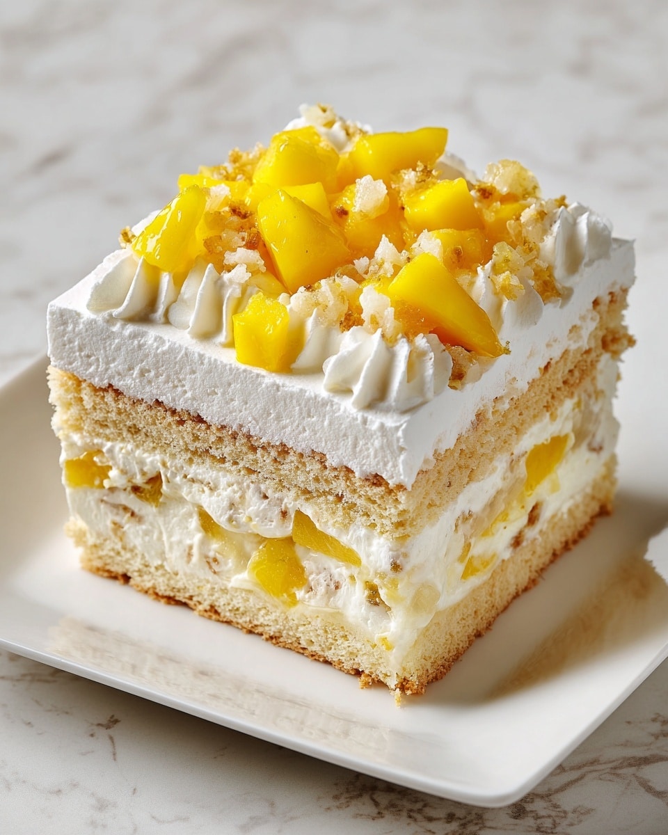 The image shows a slice of layered dessert on a square white plate, placed on a white marbled surface. The bottom layer is a soft golden sponge cake, topped with a thick layer of creamy white filling mixed with yellow fruit pieces. On top of this is a thin, light beige biscuit layer. Above the biscuit, there is a fluffy white whipped cream layer, and the dessert is finished with a generous topping of bright yellow mango chunks and small pale yellow fruit pieces scattered on top. Photo taken with an iphone --ar 4:5 --v 7