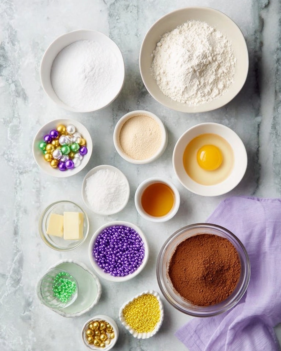 The image shows several small white bowls and a large white bowl arranged on a white marbled surface, each filled with different baking ingredients. Starting from the top left and moving right, there is a large empty white bowl, a medium white bowl filled with white flour, and a small white bowl with powdered sugar. Below them, a small white bowl holds an egg yolk with some egg white, next to a smaller white bowl with a light beige powder. Beside those are two small clear bowls containing sugar and melted butter. On the lower left side, there is a small white bowl with white sugar, a group of colorful purple, green, and gold beads, and two small white bowls with yellow and green sprinkles. On the lower right, a small white ramekin holds cocoa powder on a light purple cloth, and a large glass bowl is filled with brown sugar. The arrangement is neat and bright, showing a clear view of each ingredient. photo taken with an iphone --ar 4:5 --v 7