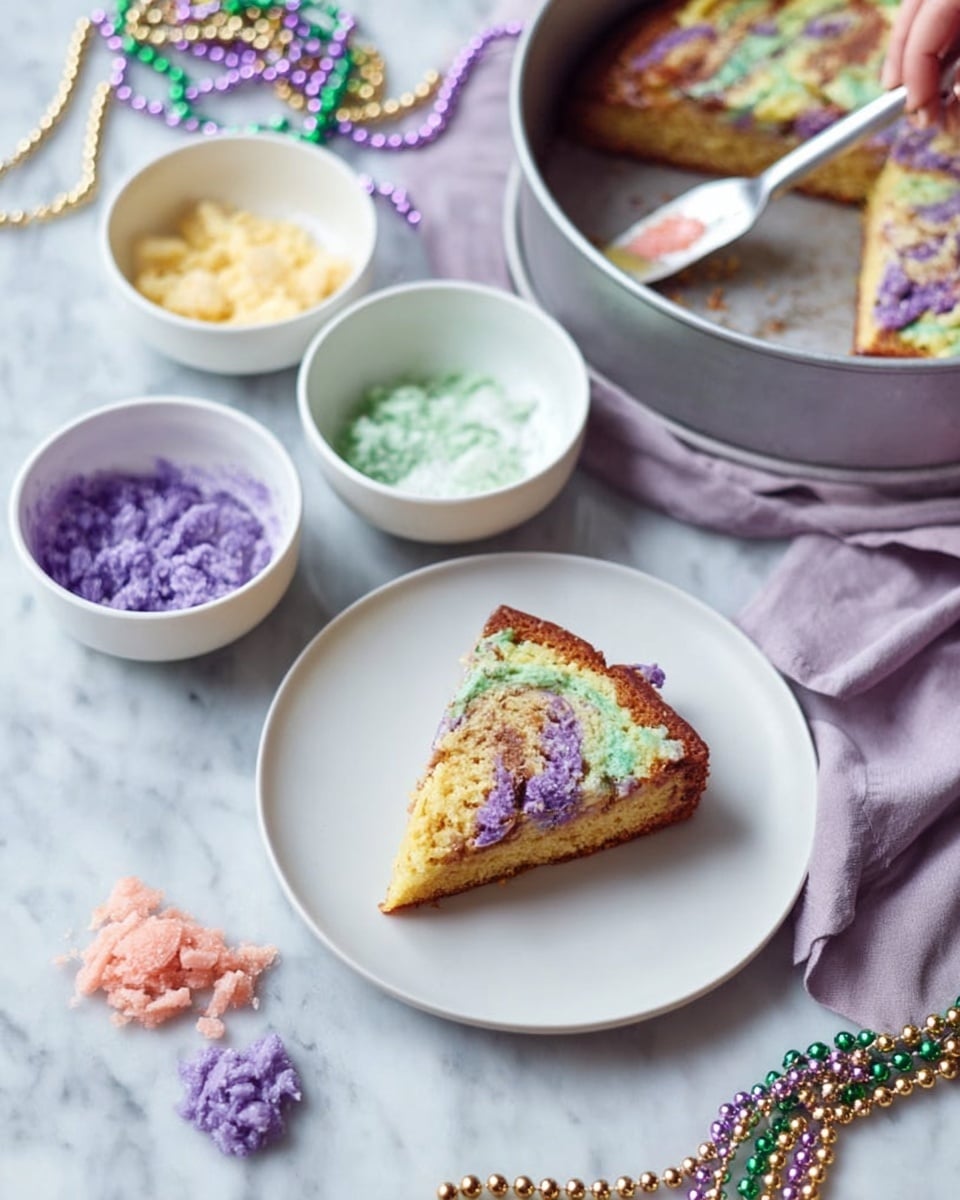 A white plate holds one slice of a colorful, round cake with three visible layers; the bottom layer is a light golden brown, the middle layer is a mix of purple and green swirls, and a small amount of pink icing is on top. Surrounding the plate are four small white bowls filled with purple, yellow, green sugar crystals, and white icing, and some pink icing pieces are scattered next to the plate. Behind the plate, a silver cake pan contains the remaining cake, showing the same colorful layers, with a woman's hand holding a spatula cutting or serving the cake. The entire setting is on a white marbled surface with strands of purple, green, and gold beads, and a light purple cloth is partially visible on the side. photo taken with an iphone --ar 4:5 --v 7