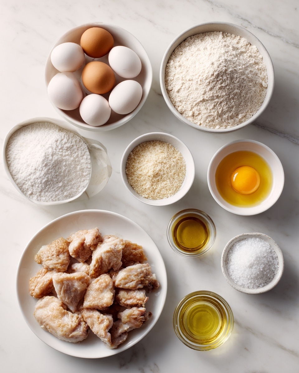 Top-down professional food photography, flat lay style, bright white marble countertop, neatly arranged, evenly spaced, tidy, clean organized layout, include: small plate with eggs, bowl of all purpose flour, small bowl of kosher salt, bowl of panko breadcrumbs, small glass cup of cooking oil, plate with prepared chicken pieces, bright soft natural lighting, sharp focus, high detail textures, realistic reflections, professional DSLR look, 4K, no finished dish, no cooked food, no hands, no text, no watermark, no brand logos --ar 4:5 --v 7
