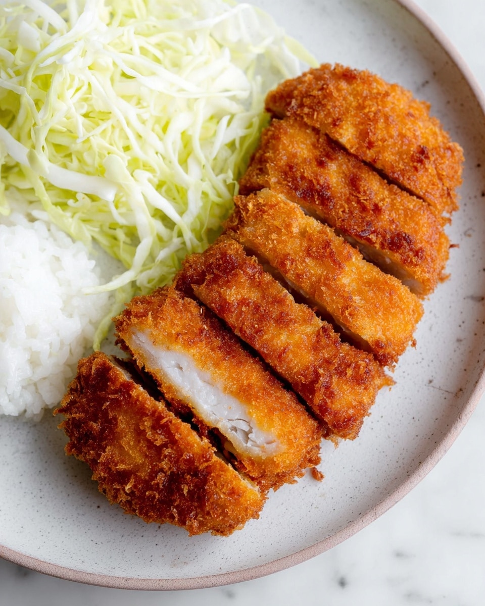 The image shows a dish with five pieces of golden brown crispy fried cutlets arranged in a row on the right side of a white plate with a white marbled texture. The cutlets are crunchy with a rough texture and are sliced to reveal a tender white inside. On the left side of the plate, there is a small pile of shredded pale green cabbage with a fresh and thin texture next to a small portion of plain white rice with a soft, fluffy look. The overall presentation is clean and simple, with the white plate and white marbled surface enhancing the warm colors of the food. Photo taken with an iphone --ar 4:5 --v 7