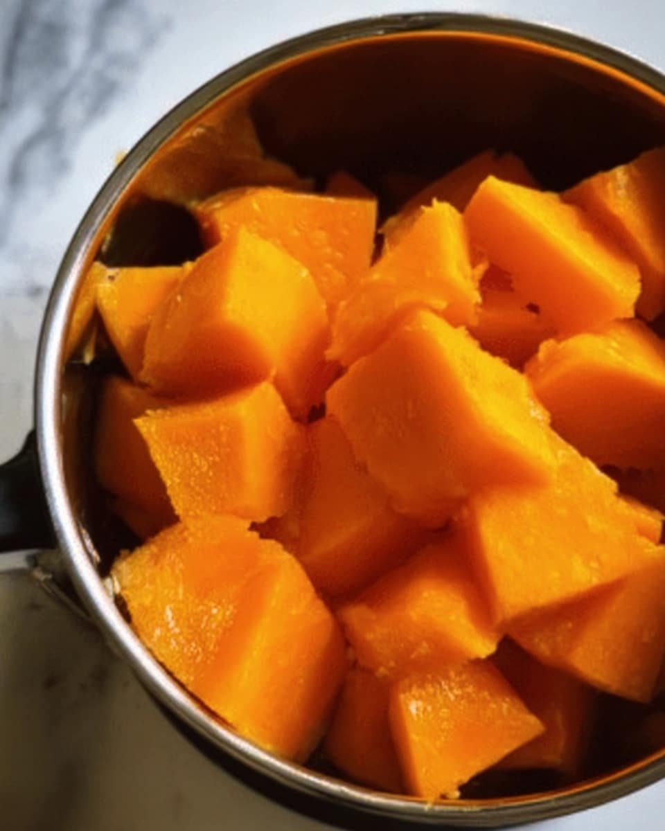 The image shows an open silver pot filled with bright orange pumpkin pieces, which appear soft and tender. The pumpkin chunks have a smooth, slightly shiny texture, and are stacked unevenly inside the pot. The background is a white marbled surface. photo taken with an iphone --ar 4:5 --v 7