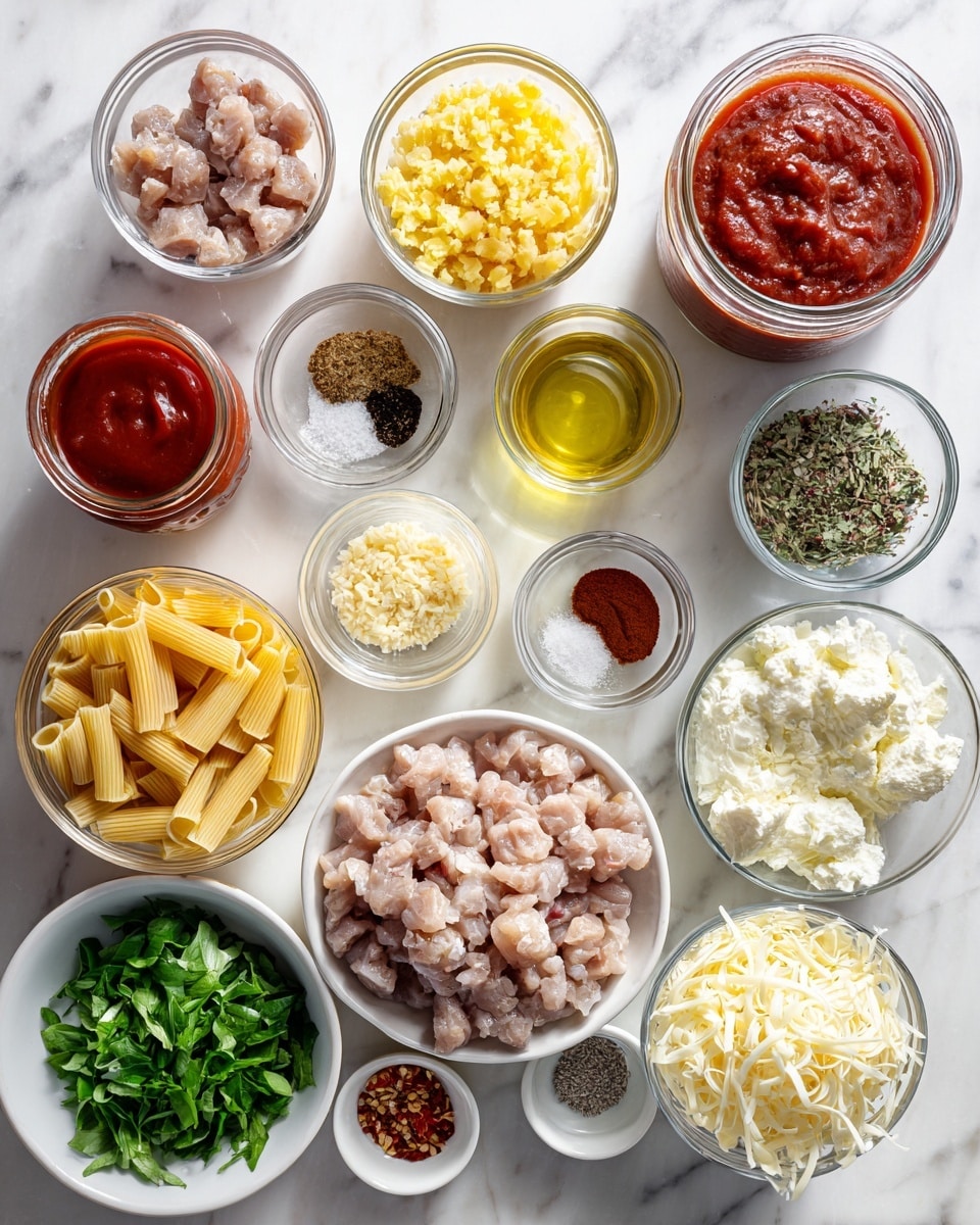 Top-down professional food photography, flat lay style, bright white marble countertop, neatly arranged, evenly spaced, tidy, clean organized layout, include: small bowl of prepared meat pieces, small bowl of finely chopped yellow onion, small bowl of minced garlic, medium glass jar of red marinara sauce, medium glass jar of tomato sauce, glass measuring cup of clear broth, small bowl of dried Italian seasoning, small bowl of salt, small bowl of black pepper, small bowl of crushed red pepper flakes, medium glass measuring cup of uncooked tubular pasta, small bowl of creamy ricotta cheese, small bowl of shredded mozzarella cheese, small bowl of grated Parmesan cheese, small plate of fresh chopped basil and parsley, bright soft natural lighting, sharp focus, high detail textures, realistic reflections, professional DSLR look, 4K, no finished dish, no cooked food, no hands, no text, no watermark, no brand logos --ar 4:5 --v 7