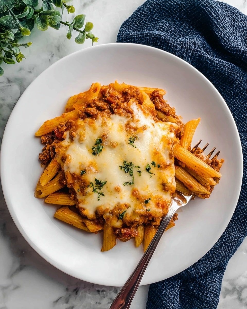 A white plate holds a dish with three main layers. The bottom layer is reddish-brown pasta made of penne mixed with a thick meat and tomato sauce. On top of the pasta layer is melted cheese that covers the center of the plate, showing a creamy white texture with slight golden spots where it has browned. Small green herb pieces are scattered on the cheese for a fresh touch. A silver fork rests on the right side of the plate, partly touching the pasta. The plate is set on a white marbled surface with a bit of green plant in the upper right corner and a dark blue textured cloth in the upper left corner. photo taken with an iphone --ar 4:5 --v 7