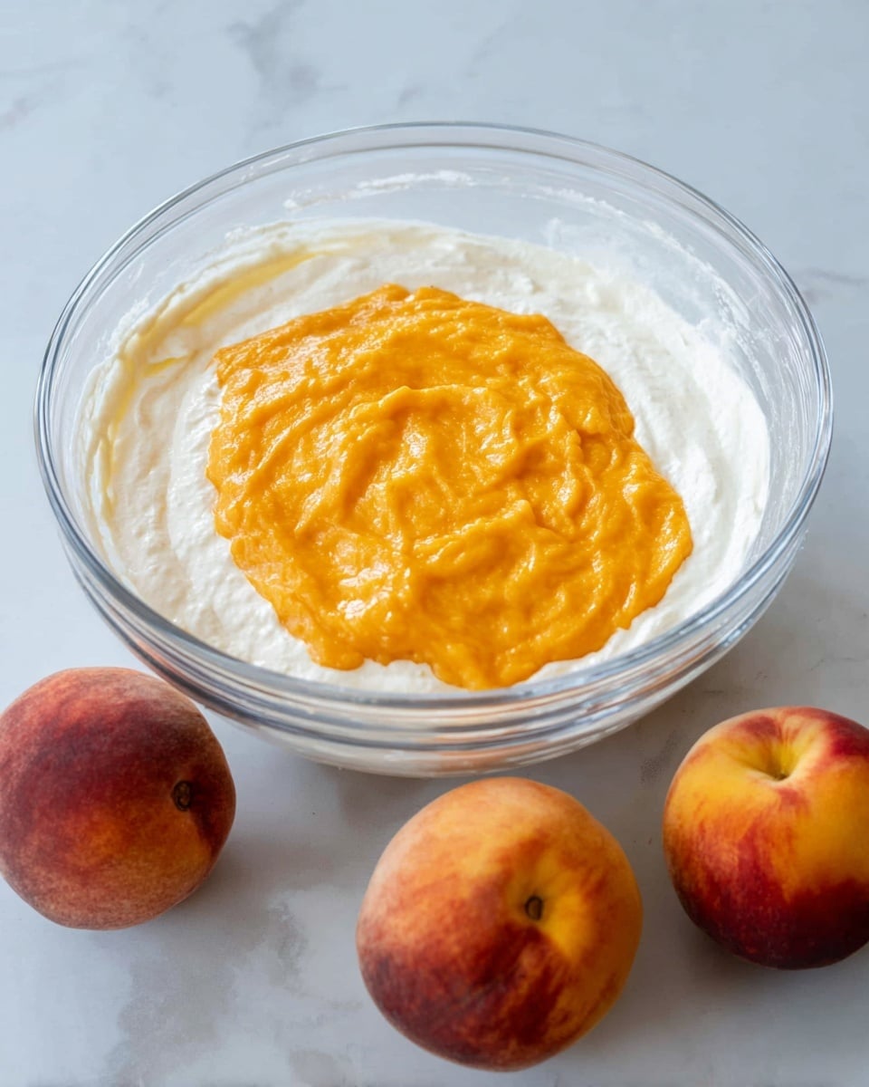 A clear glass bowl sits on a white marbled surface, filled with two layers of food. The bottom layer is thick and white, looking creamy and smooth, filling most of the bowl. On top of that is a bright orange layer with a slightly thick, soft texture, spreading evenly over the white layer. Around the bowl, three ripe peaches with orange and red skin rest on the surface. The scene shows a simple, fresh mix of colors and textures. photo taken with an iphone --ar 4:5 --v 7