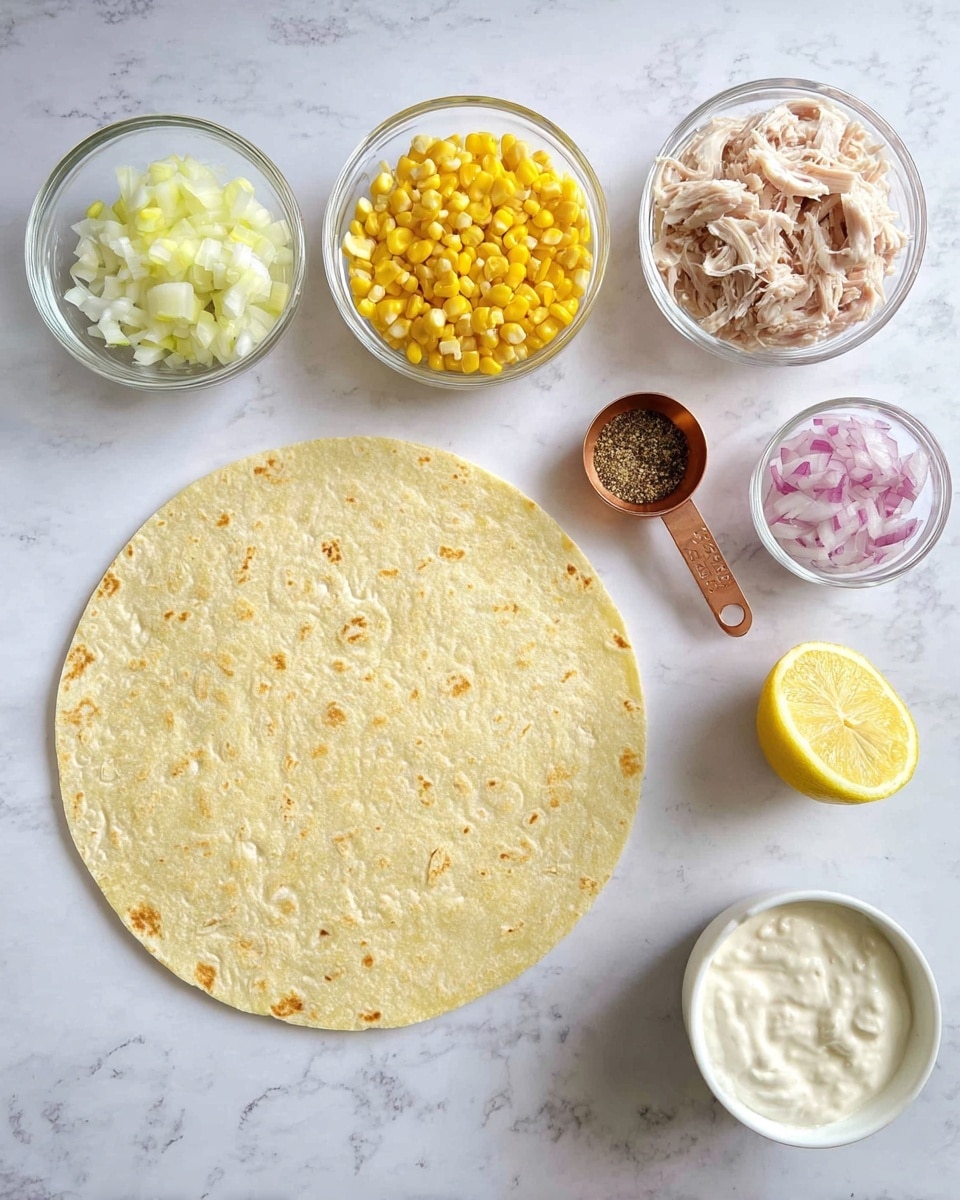 The image shows a thin, round, light yellow tortilla placed flat on a white marbled surface in the center. Around the tortilla are small clear glass bowls with different ingredients: shredded light beige chicken in the top right, yellow corn kernels in the top middle, sliced white cheese on the top left, chopped red onions in a copper measuring cup to the right of the tortilla, bright yellow half lemon above the chopped onions, a small bowl with chopped pickles below the onions, a bowl with creamy white yogurt mixed with beige mustard near the bottom right, and a small white ramekin with light brown and black spices at the bottom. Everything is clean and neatly arranged. photo taken with an iphone --ar 4:5 --v 7