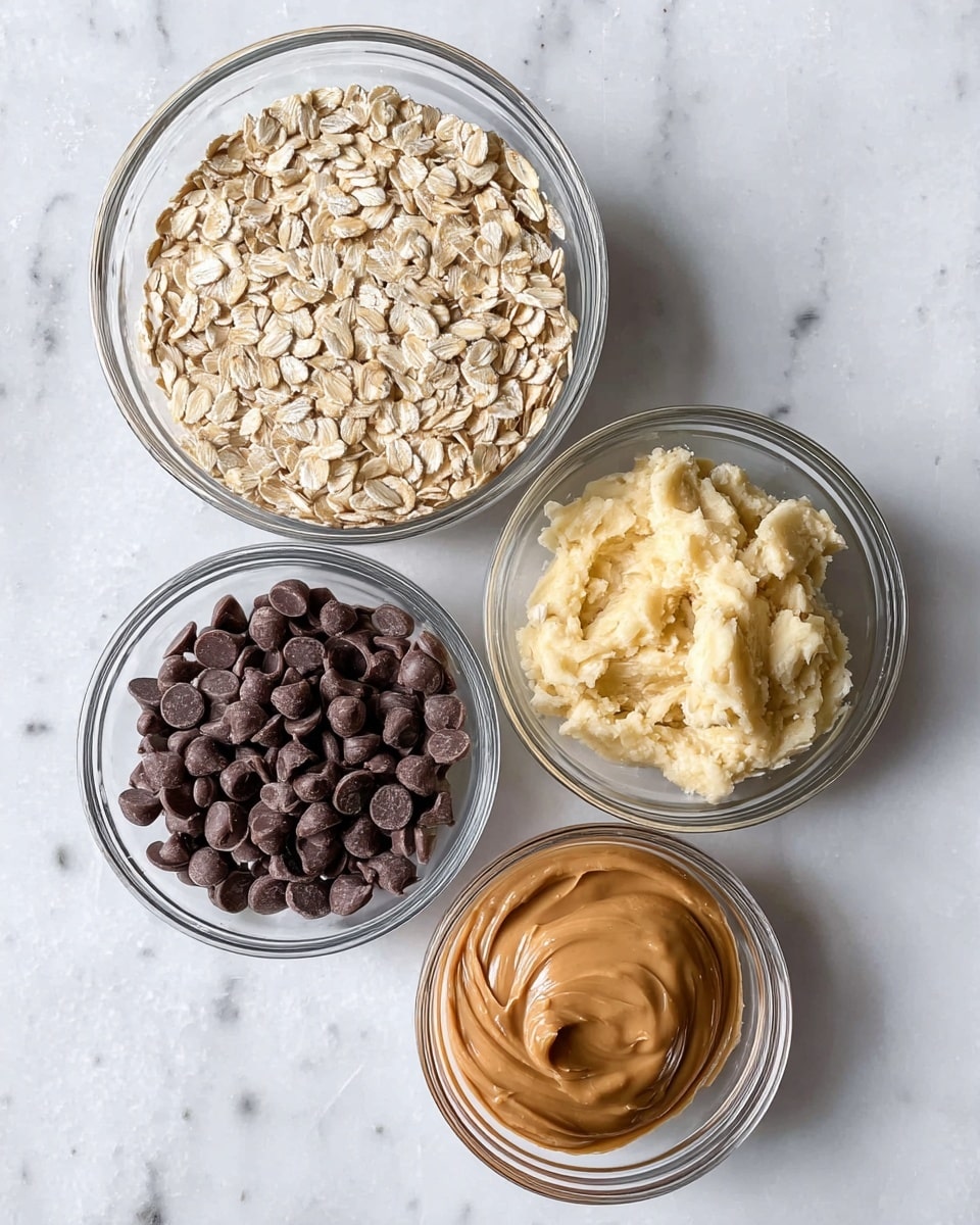 The image shows four clear glass bowls placed on a white marbled surface. The top left bowl is filled with light tan rolled oats, its flat oval shapes filling the bowl evenly. To the right, a bowl holds mashed bananas, the pale yellow fruit showing soft, uneven textures. Below that, a bowl contains smooth, light brown peanut butter with a slight swirl on its surface. The bottom left bowl is filled with small, dark brown chocolate chips that are rounded and slightly glossy. The arrangement is balanced and simple, highlighting each ingredient separately. photo taken with an iphone --ar 4:5 --v 7