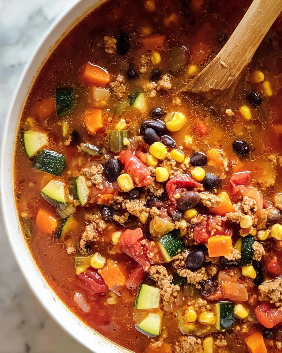 The image shows a close-up of a hearty soup in a white bowl with a wooden spoon resting on the right side. The soup has several visible layers of ingredients: small chunks of red tomatoes, orange carrots, yellow corn, black beans, green zucchini, and browned ground meat mixed in a rich, reddish broth. The textures range from soft and tender vegetables to crumbly, cooked meat bits, all evenly spread inside the bowl. The background surface features a white marbled texture. photo taken with an iphone --ar 4:5 --v 7