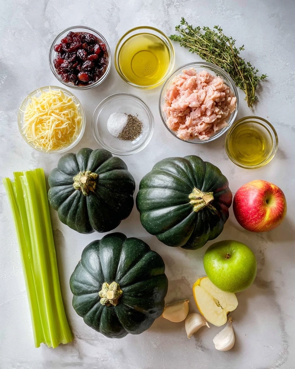 The image shows ingredients for a recipe arranged on a white marbled surface. There are three whole dark green acorn squashes with deep ridges and shiny skin, placed near the center. Around them, there are small white glass bowls holding light pink raw ground turkey, shredded pale yellow cheese, dried dark red cranberries, salt and black pepper, and a light golden liquid. Fresh herbs with green leaves, two stalks of bright green celery, a small whole yellow onion, a fresh apple with red and yellow skin, and two cloves of garlic with white skin are also visible. A small glass container with light olive oil is near the celery. The ingredients are spaced neatly and clearly visible, photographed from above in good light. photo taken with an iphone --ar 4:5 --v 7