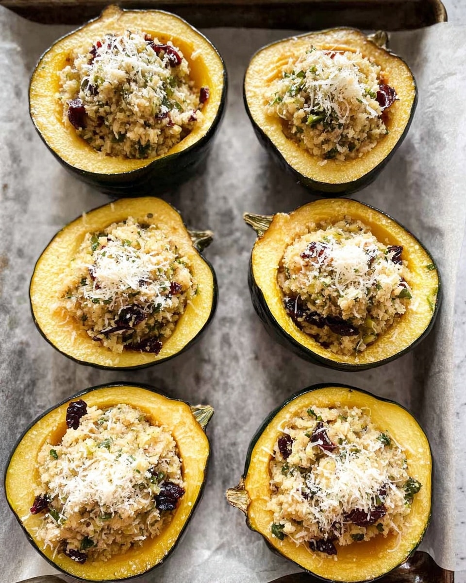 Six medium-sized acorn squash halves are arranged in two rows of three on a baking tray lined with parchment paper, placed on a white marbled surface. Each squash has a dark green, slightly wrinkled outer skin with a bright yellow-orange flesh inside. The squash centers are filled with a light beige cooked mixture that looks like finely crumbled meat or grain, mixed with small pieces of green and dark red bits, possibly herbs or dried fruit. A sprinkle of grated white cheese is on top of each filling, adding a rough texture and light color contrast. The photo is taken from above, capturing the even spread and filling details. photo taken with an iphone --ar 4:5 --v 7