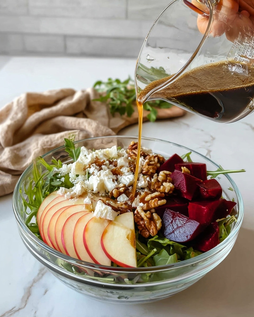 A clear glass bowl filled with layers of fresh salad sits on a white marbled surface. The bottom layer is green arugula leaves, giving a fresh base. On top, there are neat sections of dark red cooked beets, thin apple slices with light cream-colored flesh and red edges, a pile of light brown walnuts, thinly sliced reddish onions, and crumbled white cheese. A woman's hand is pouring a dark brown dressing from a clear glass measuring cup over the salad. In the background, there is a beige cloth and some soft green leaves. photo taken with an iphone --ar 4:5 --v 7